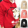 Red hoodie with a pouch for pets, featuring a cat inside, and additional hoodies in beige, pink, and black shown.