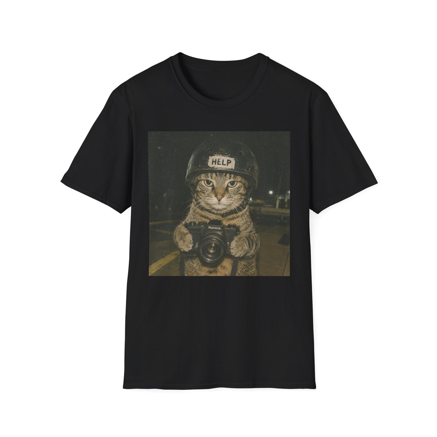 Cat Helmet T‑Shirt — Funny "HELP" Cat Graphic Tee