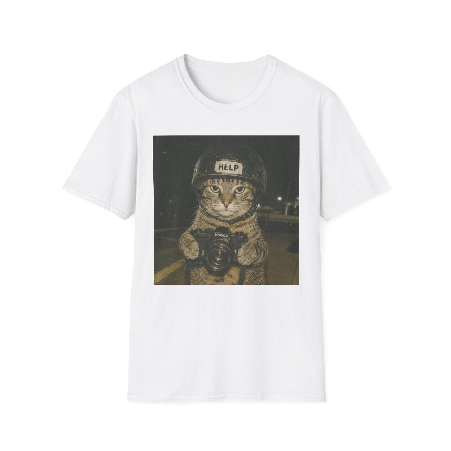 Cat Helmet T‑Shirt — Funny "HELP" Cat Graphic Tee