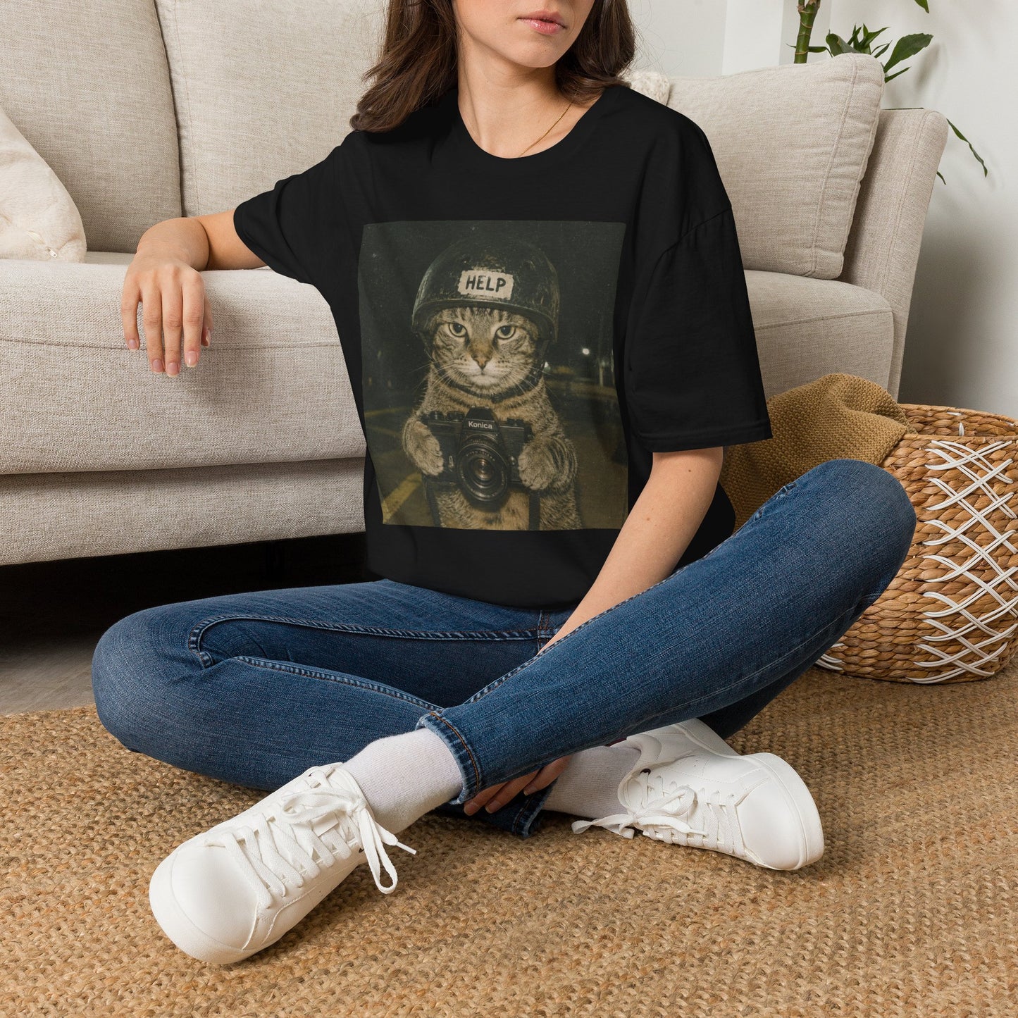 Cat Helmet T‑Shirt — Funny "HELP" Cat Graphic Tee