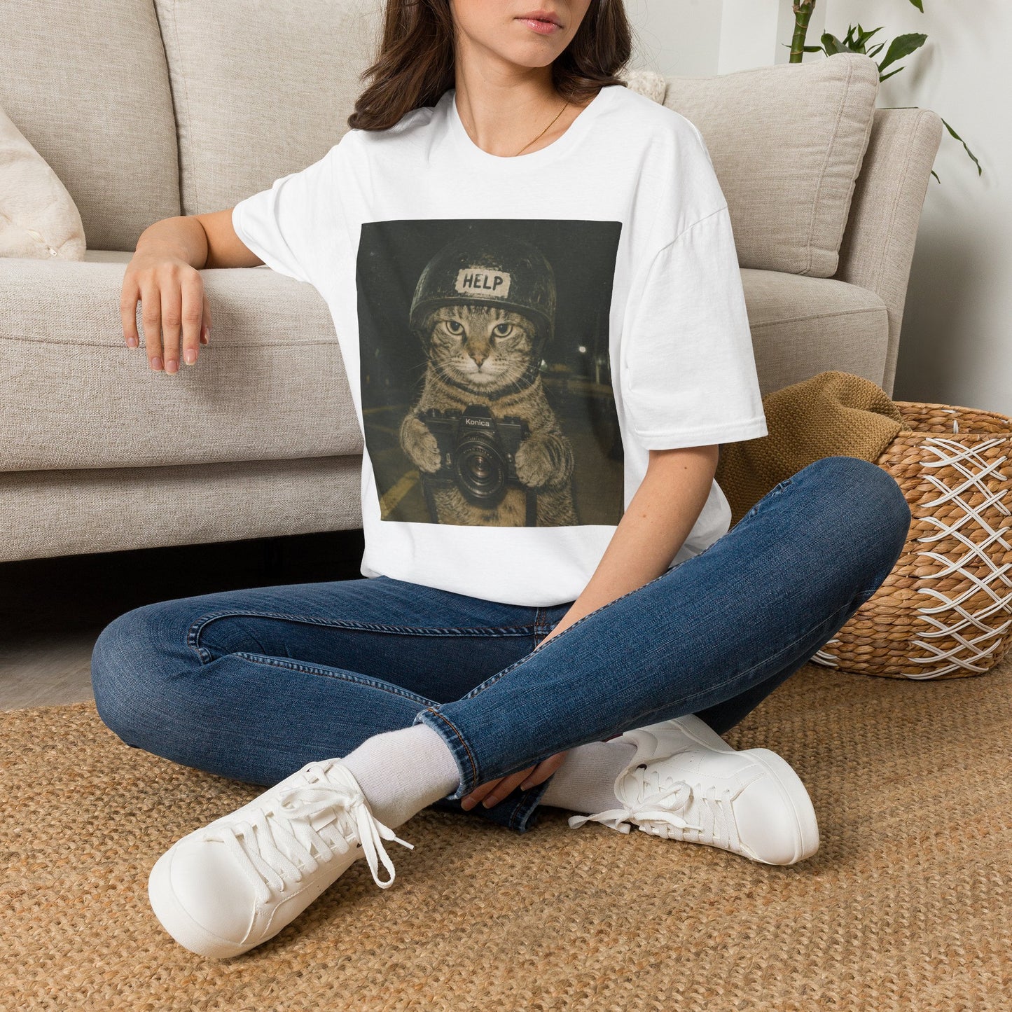 Cat Helmet T‑Shirt — Funny "HELP" Cat Graphic Tee