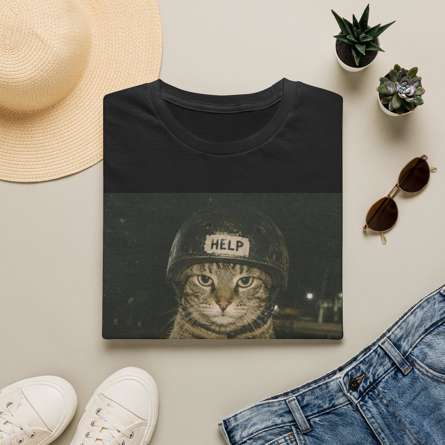 Cat Helmet T‑Shirt — Funny "HELP" Cat Graphic Tee